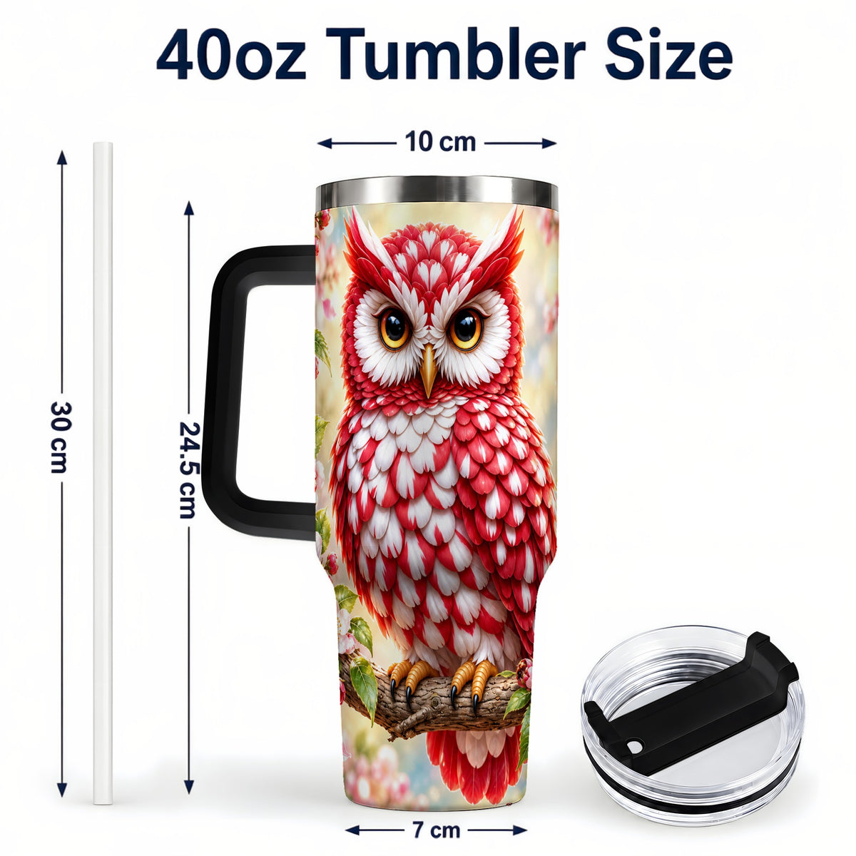 #pl[40oz|Black] Floral Owl 40oz Tumbler with Handle, Blossom Owl Stainless Steel Cup
