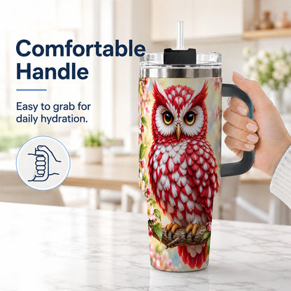 #pl[40oz|Black] Floral Owl 40oz Tumbler with Handle, Blossom Owl Stainless Steel Cup