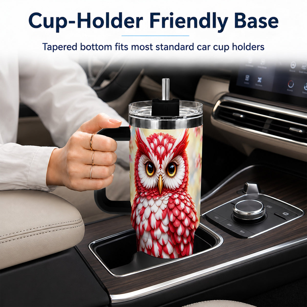 #pl[40oz|Black] Floral Owl 40oz Tumbler with Handle, Blossom Owl Stainless Steel Cup