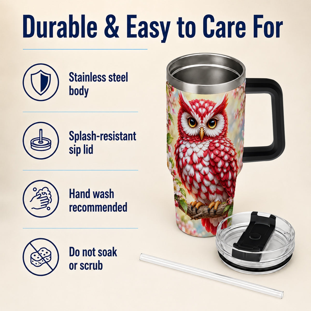 #pl[40oz|Black] Floral Owl 40oz Tumbler with Handle, Blossom Owl Stainless Steel Cup
