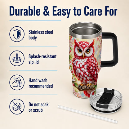 #pl[40oz|Black] Floral Owl 40oz Tumbler with Handle, Blossom Owl Stainless Steel Cup