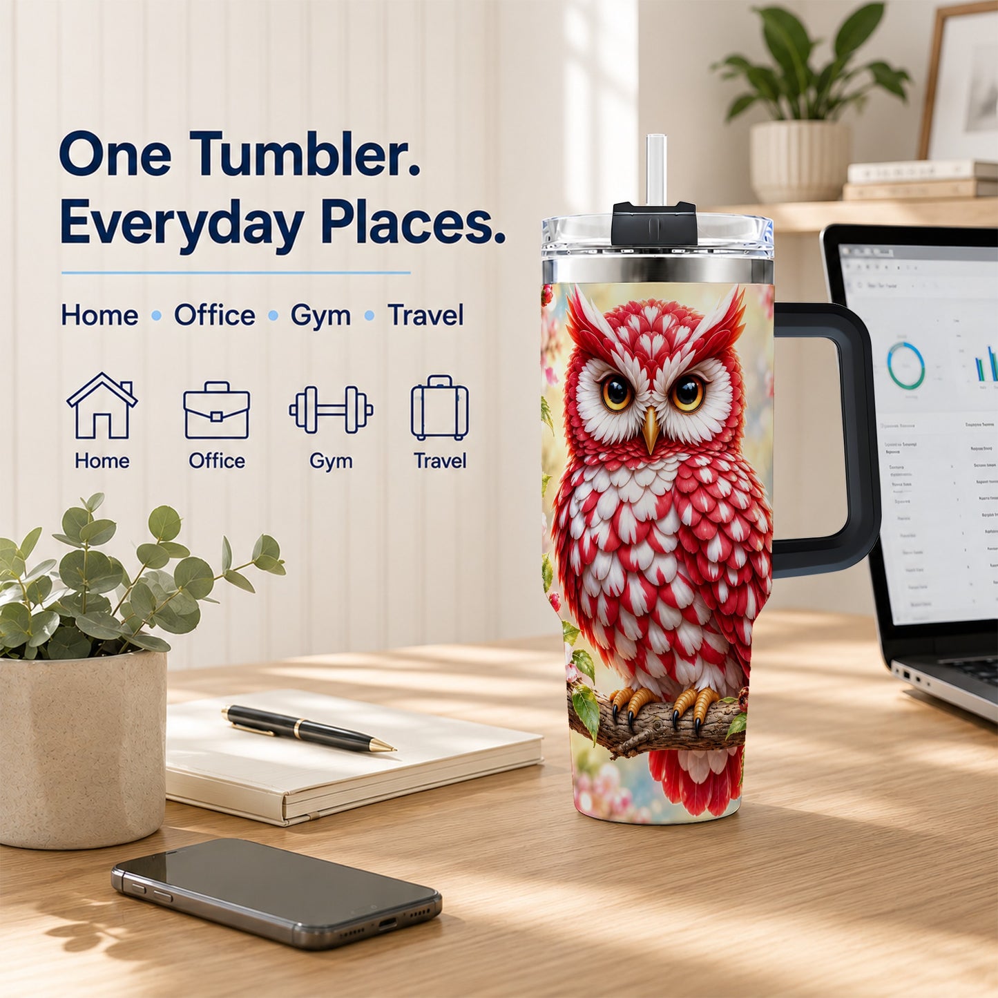 #pl[40oz|Black] Floral Owl 40oz Tumbler with Handle, Blossom Owl Stainless Steel Cup