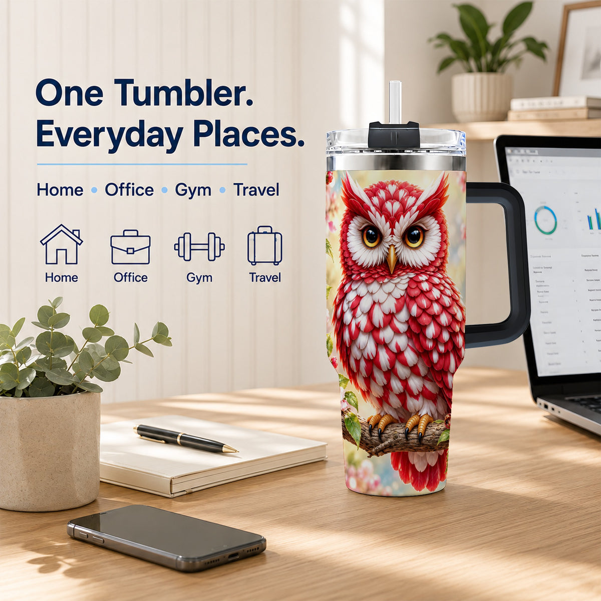 #pl[40oz|Black] Floral Owl 40oz Tumbler with Handle, Blossom Owl Stainless Steel Cup