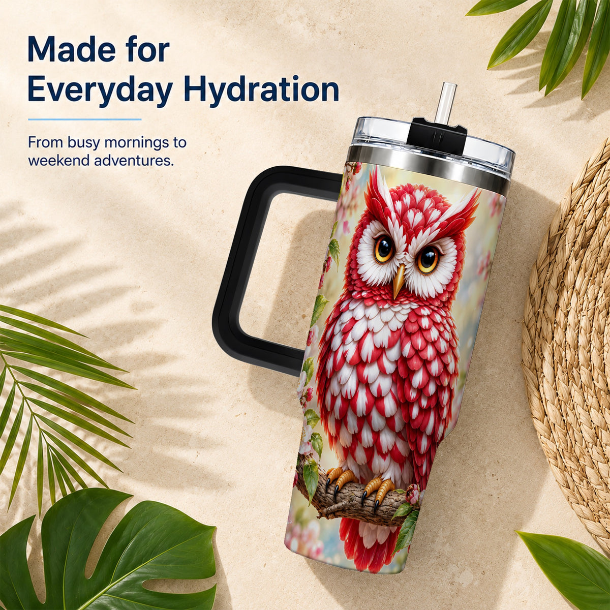 #pl[40oz|Black] Floral Owl 40oz Tumbler with Handle, Blossom Owl Stainless Steel Cup