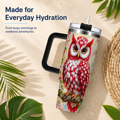 #pl[40oz|Black] Floral Owl 40oz Tumbler with Handle, Blossom Owl Stainless Steel Cup