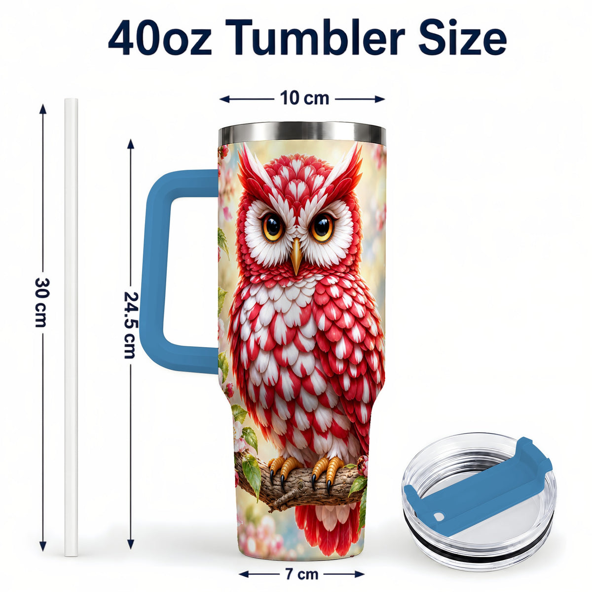 #pl[40oz|Blue] Floral Owl 40oz Tumbler with Handle, Blossom Owl Stainless Steel Cup