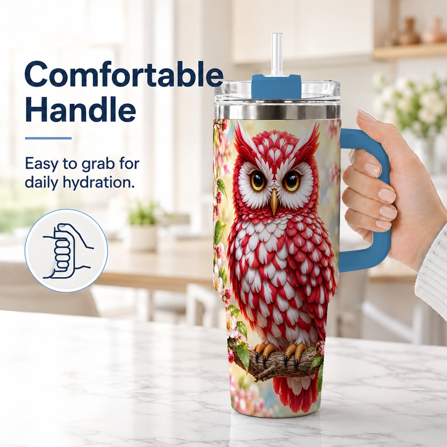 #pl[40oz|Blue] Floral Owl 40oz Tumbler with Handle, Blossom Owl Stainless Steel Cup