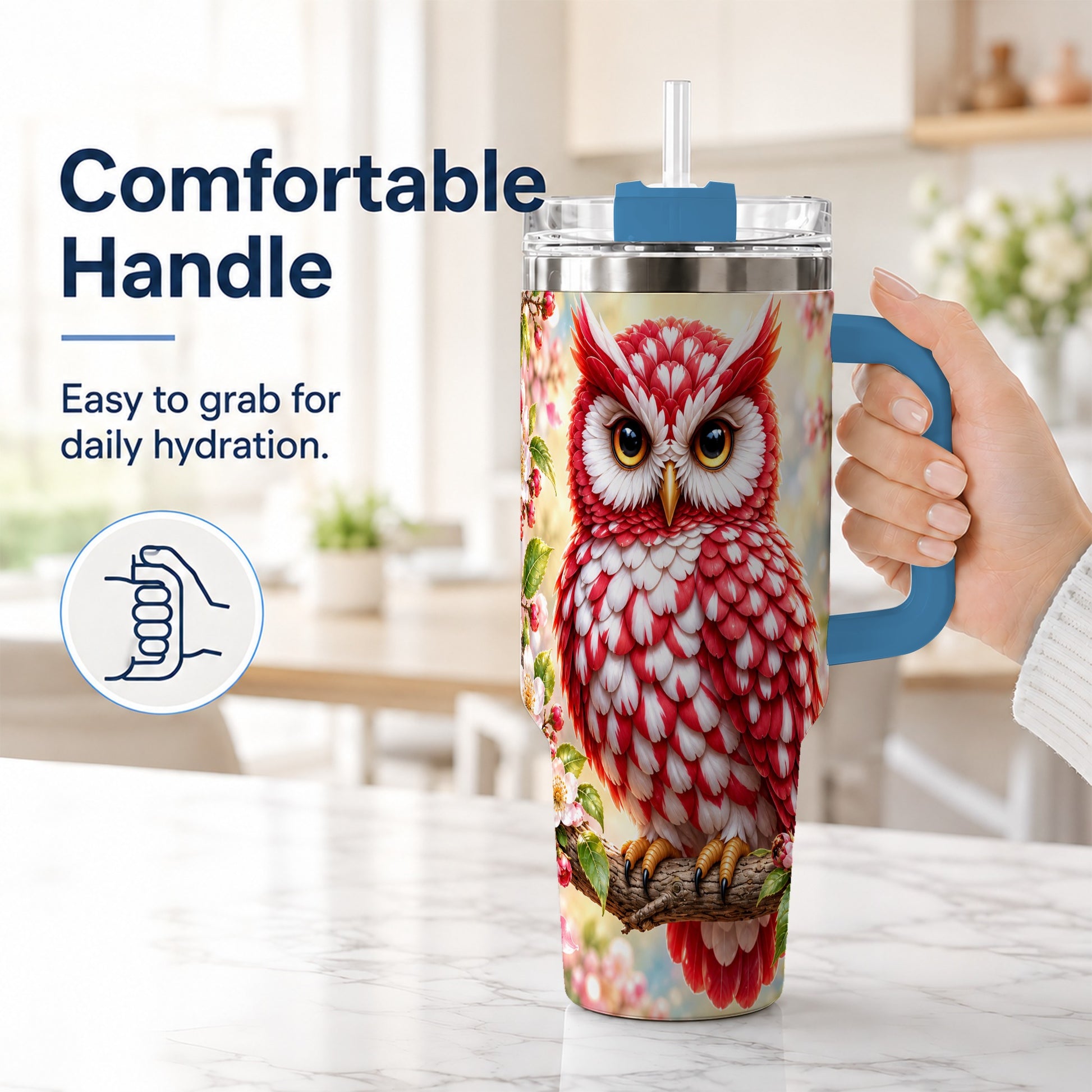 #pl[40oz|Blue] Floral Owl 40oz Tumbler with Handle, Blossom Owl Stainless Steel Cup