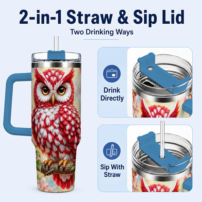#pl[40oz|Blue] Floral Owl 40oz Tumbler with Handle, Blossom Owl Stainless Steel Cup