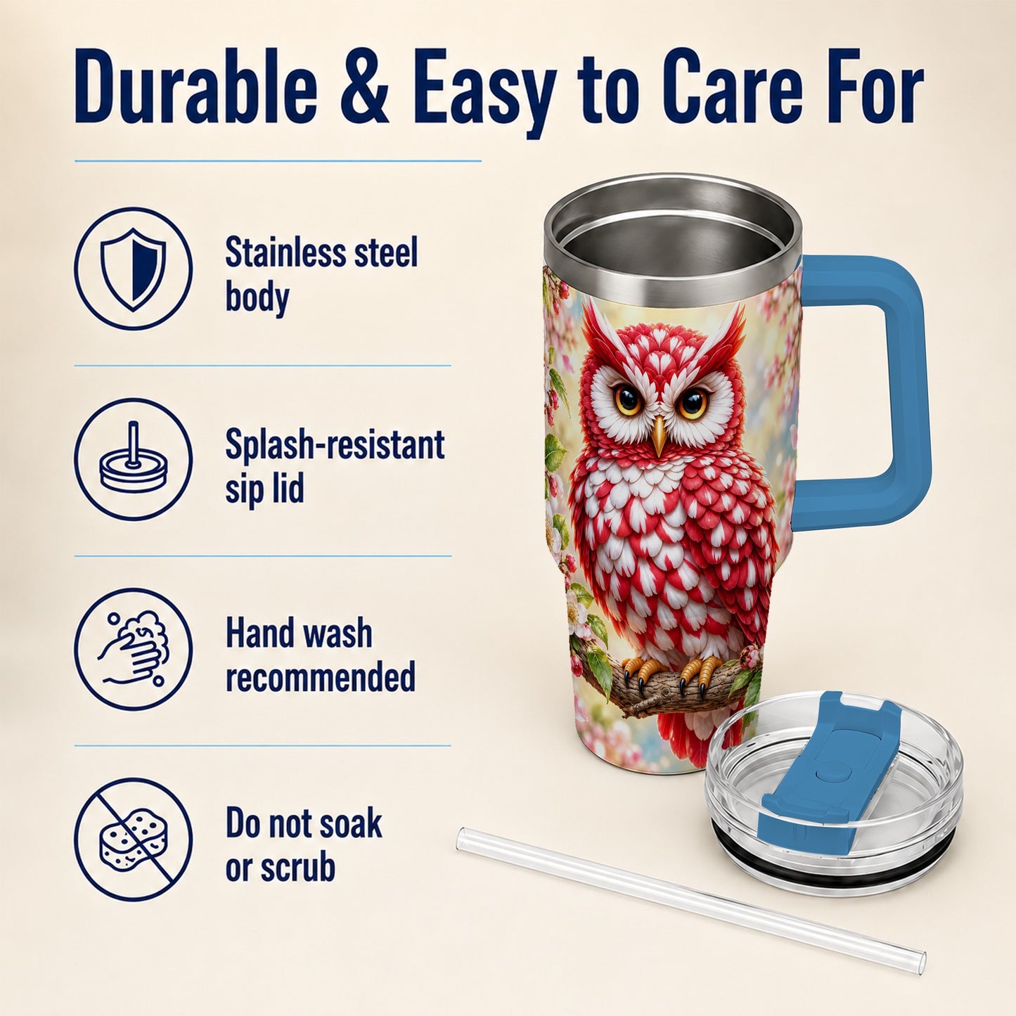#pl[40oz|Blue] Floral Owl 40oz Tumbler with Handle, Blossom Owl Stainless Steel Cup