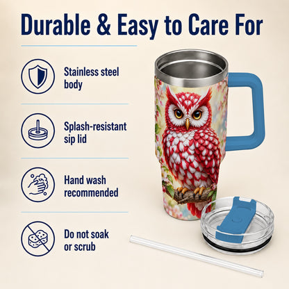 #pl[40oz|Blue] Floral Owl 40oz Tumbler with Handle, Blossom Owl Stainless Steel Cup