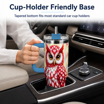 #pl[40oz|Blue] Floral Owl 40oz Tumbler with Handle, Blossom Owl Stainless Steel Cup