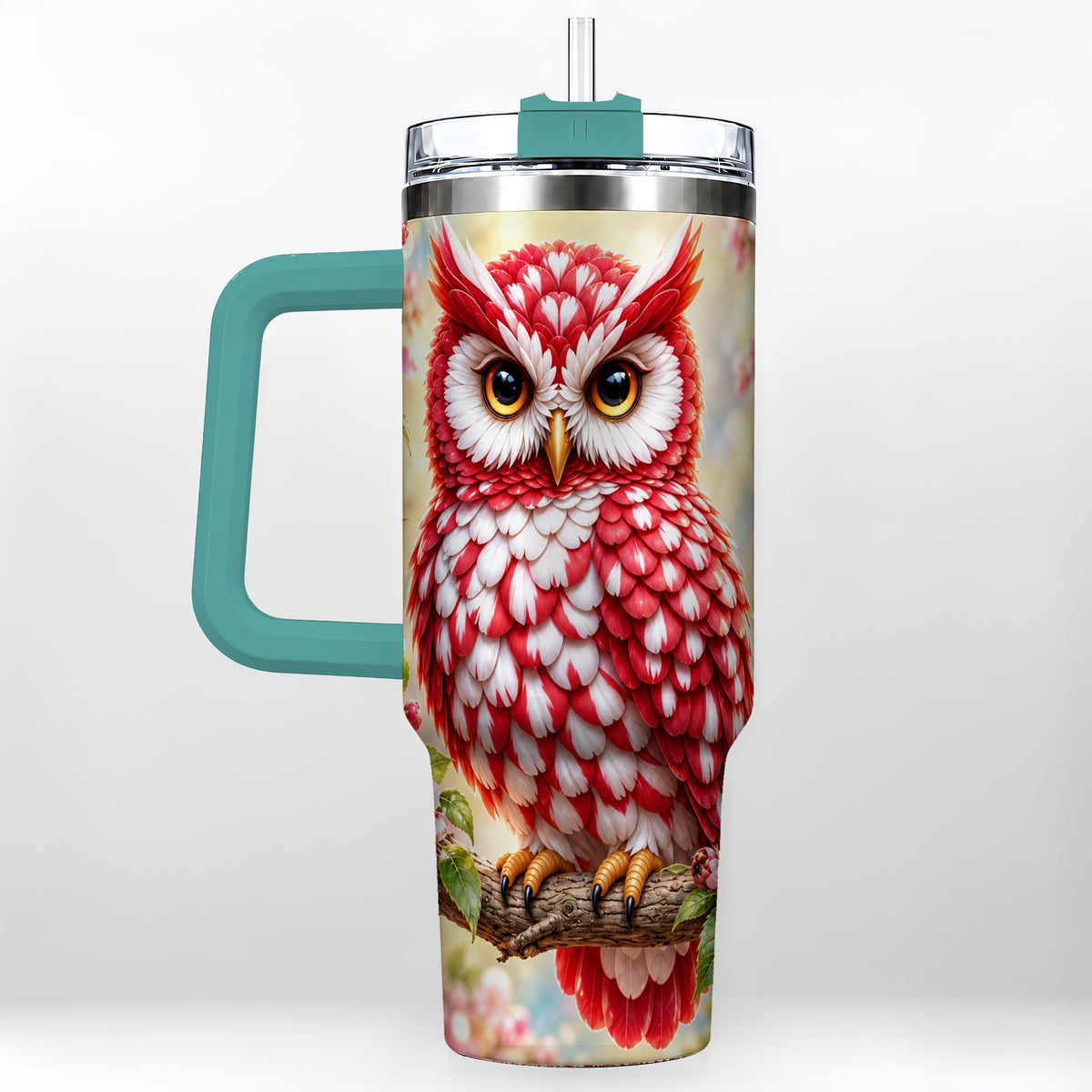 #pl[40oz|Green] Floral Owl 40oz Tumbler with Handle, Blossom Owl Stainless Steel Cup