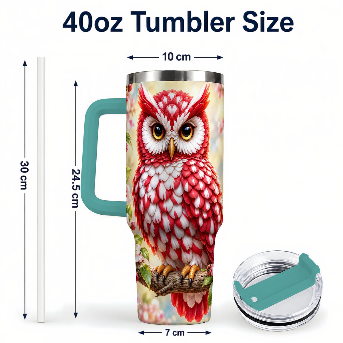 #pl[40oz|Green] Floral Owl 40oz Tumbler with Handle, Blossom Owl Stainless Steel Cup