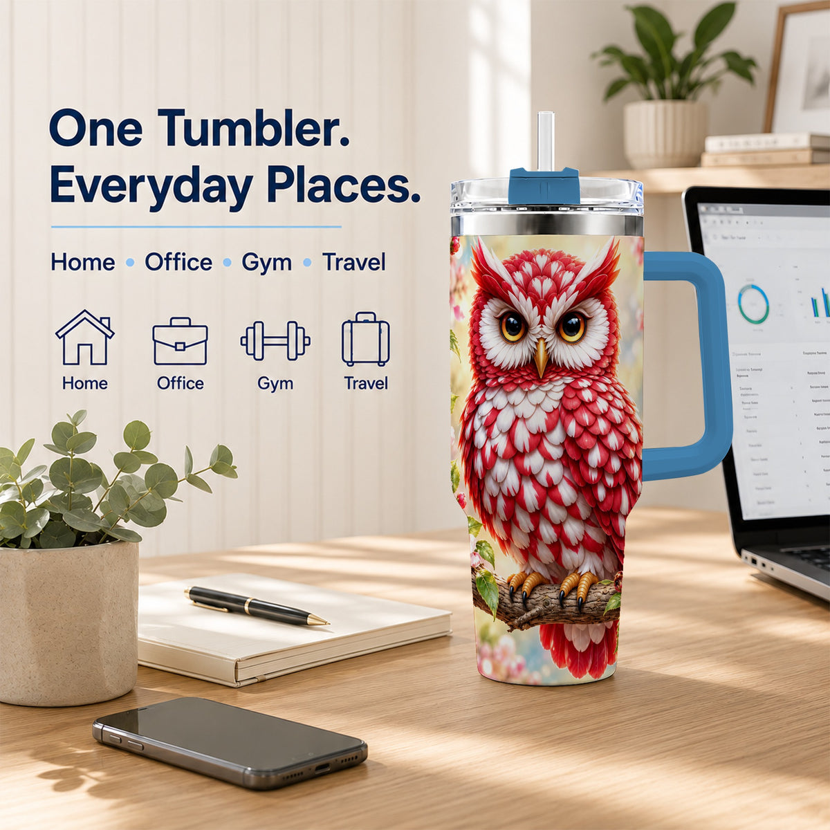 #pl[40oz|Blue] Floral Owl 40oz Tumbler with Handle, Blossom Owl Stainless Steel Cup
