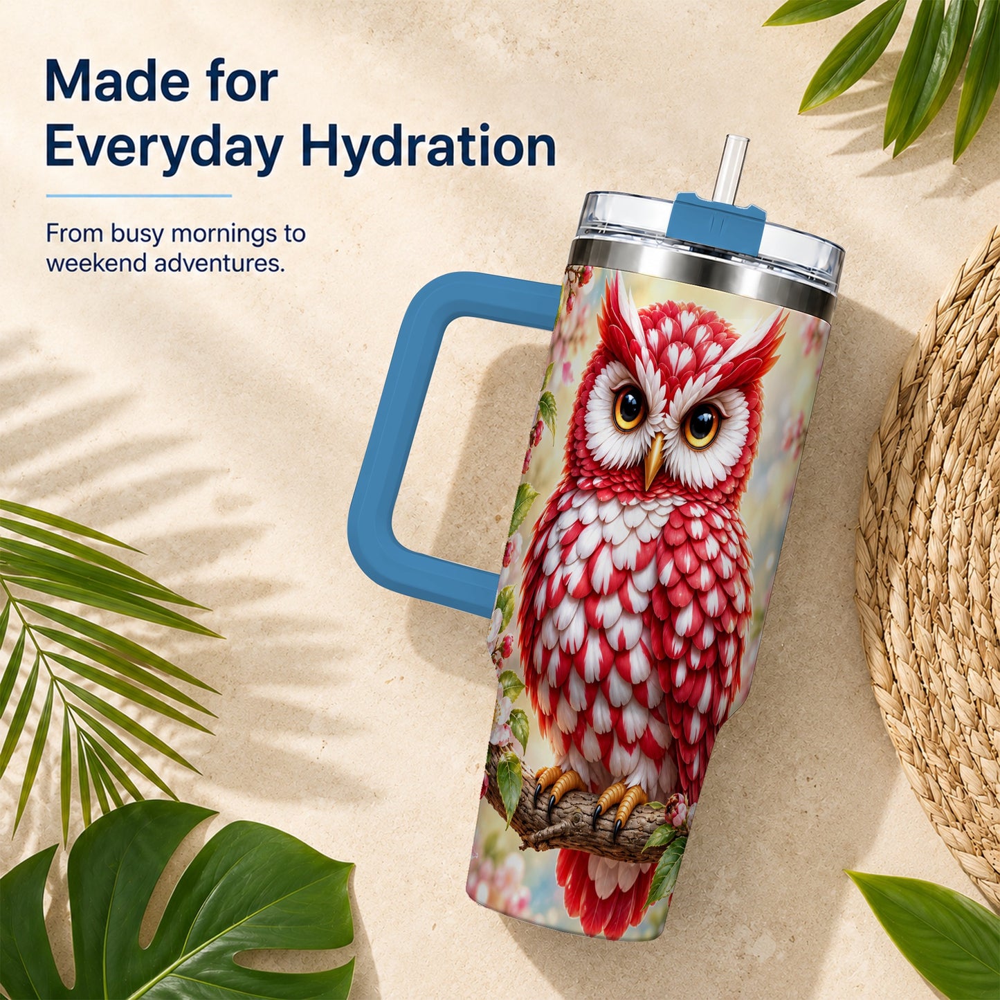 #pl[40oz|Blue] Floral Owl 40oz Tumbler with Handle, Blossom Owl Stainless Steel Cup