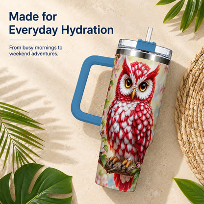 #pl[40oz|Blue] Floral Owl 40oz Tumbler with Handle, Blossom Owl Stainless Steel Cup
