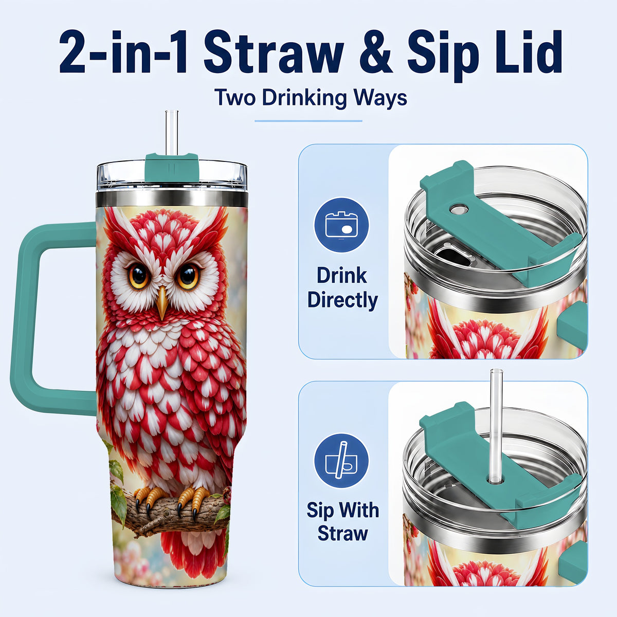 #pl[40oz|Green] Floral Owl 40oz Tumbler with Handle, Blossom Owl Stainless Steel Cup