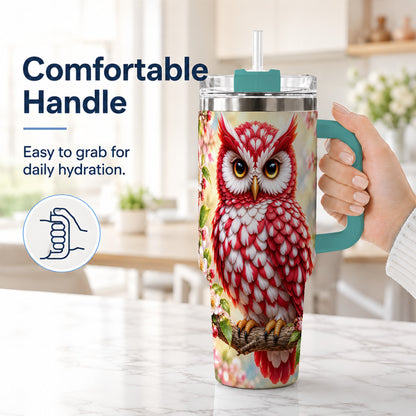 #pl[40oz|Green] Floral Owl 40oz Tumbler with Handle, Blossom Owl Stainless Steel Cup