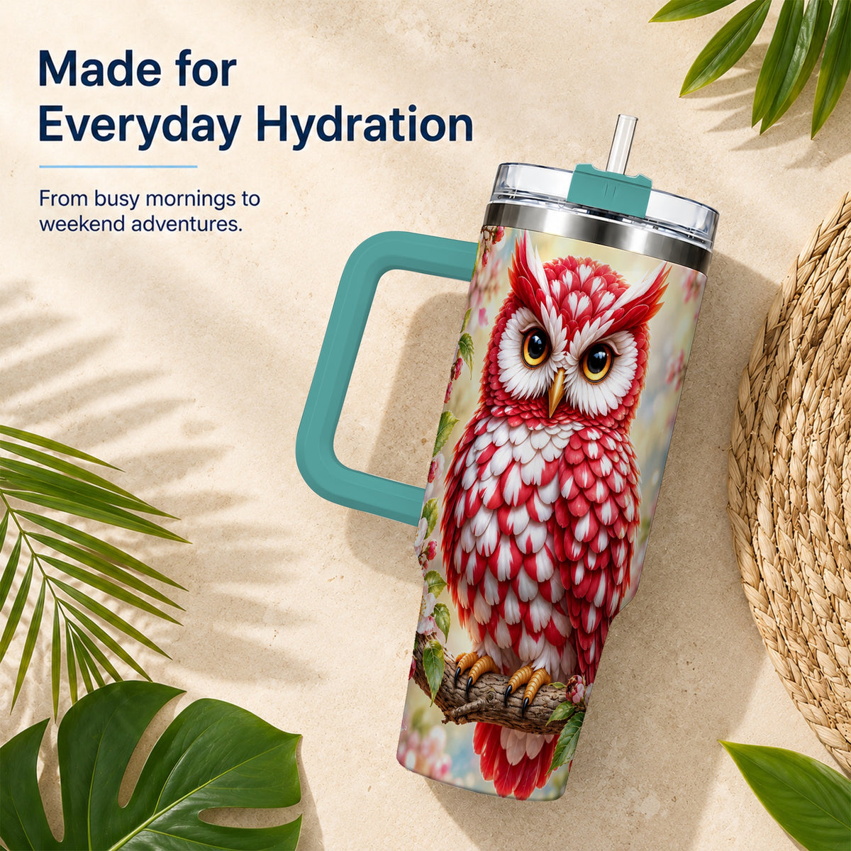 #pl[40oz|Green] Floral Owl 40oz Tumbler with Handle, Blossom Owl Stainless Steel Cup