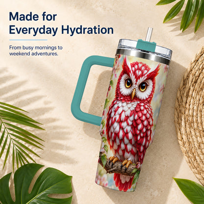 #pl[40oz|Green] Floral Owl 40oz Tumbler with Handle, Blossom Owl Stainless Steel Cup