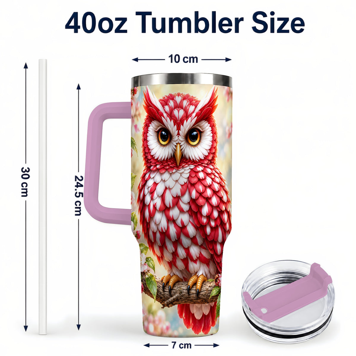 #pl[40oz|Pink] Floral Owl 40oz Tumbler with Handle, Blossom Owl Stainless Steel Cup
