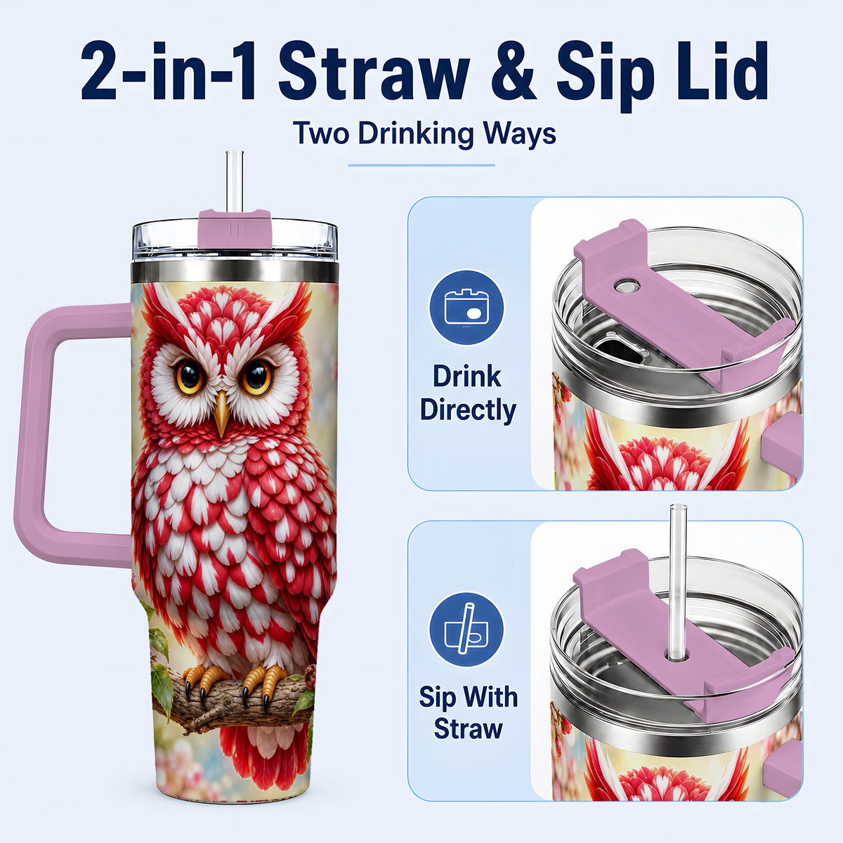 #pl[40oz|Pink] Floral Owl 40oz Tumbler with Handle, Blossom Owl Stainless Steel Cup