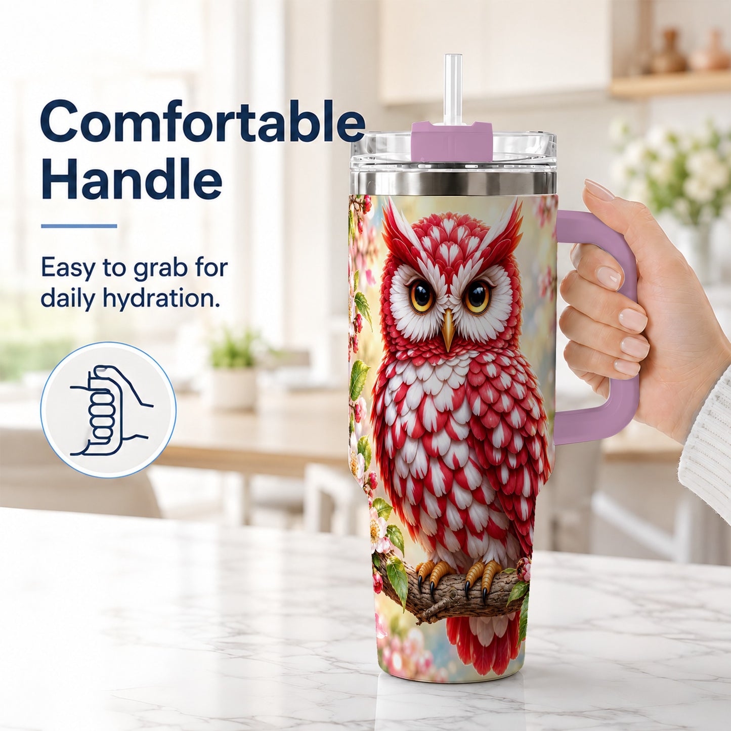 #pl[40oz|Pink] Floral Owl 40oz Tumbler with Handle, Blossom Owl Stainless Steel Cup