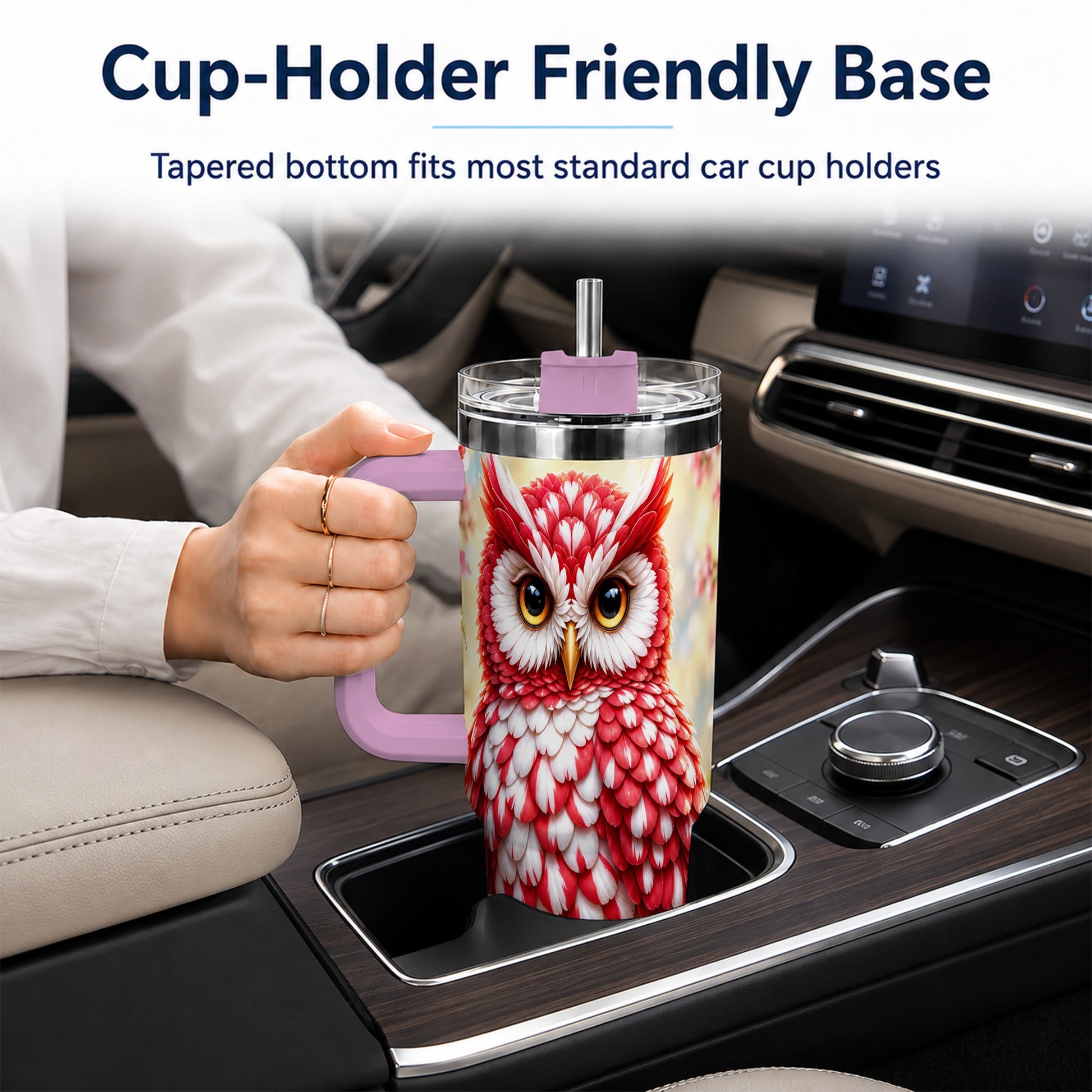#pl[40oz|Pink] Floral Owl 40oz Tumbler with Handle, Blossom Owl Stainless Steel Cup
