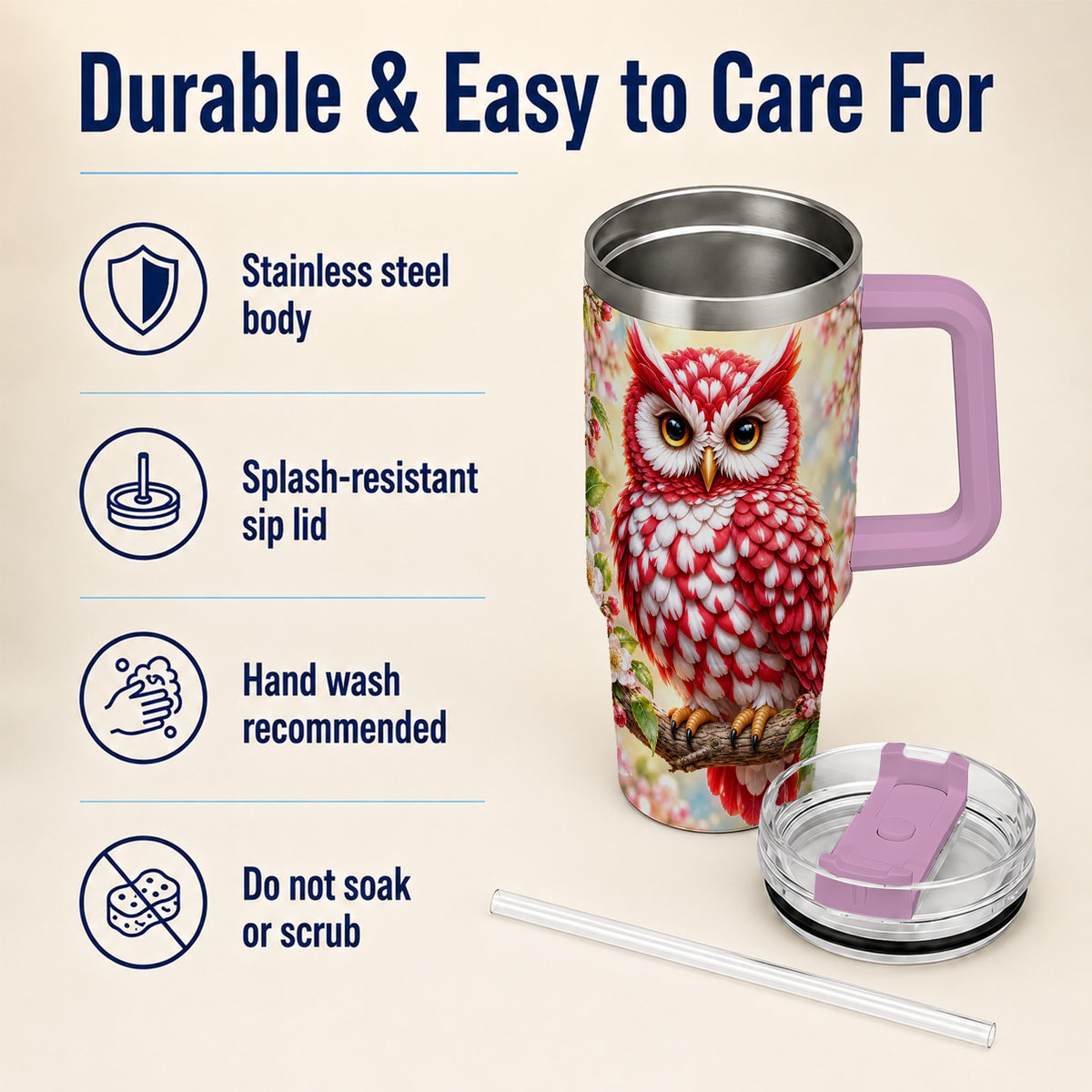#pl[40oz|Pink] Floral Owl 40oz Tumbler with Handle, Blossom Owl Stainless Steel Cup