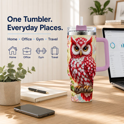 #pl[40oz|Pink] Floral Owl 40oz Tumbler with Handle, Blossom Owl Stainless Steel Cup