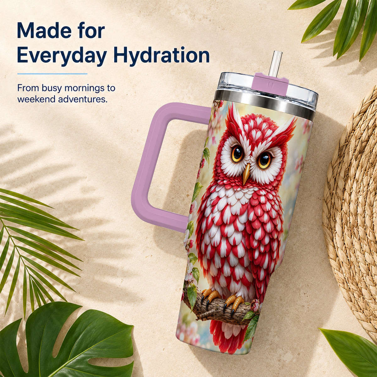#pl[40oz|Pink] Floral Owl 40oz Tumbler with Handle, Blossom Owl Stainless Steel Cup
