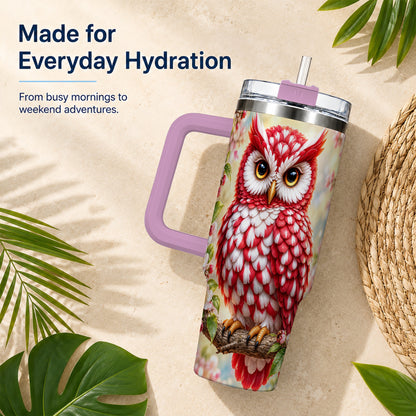 #pl[40oz|Pink] Floral Owl 40oz Tumbler with Handle, Blossom Owl Stainless Steel Cup