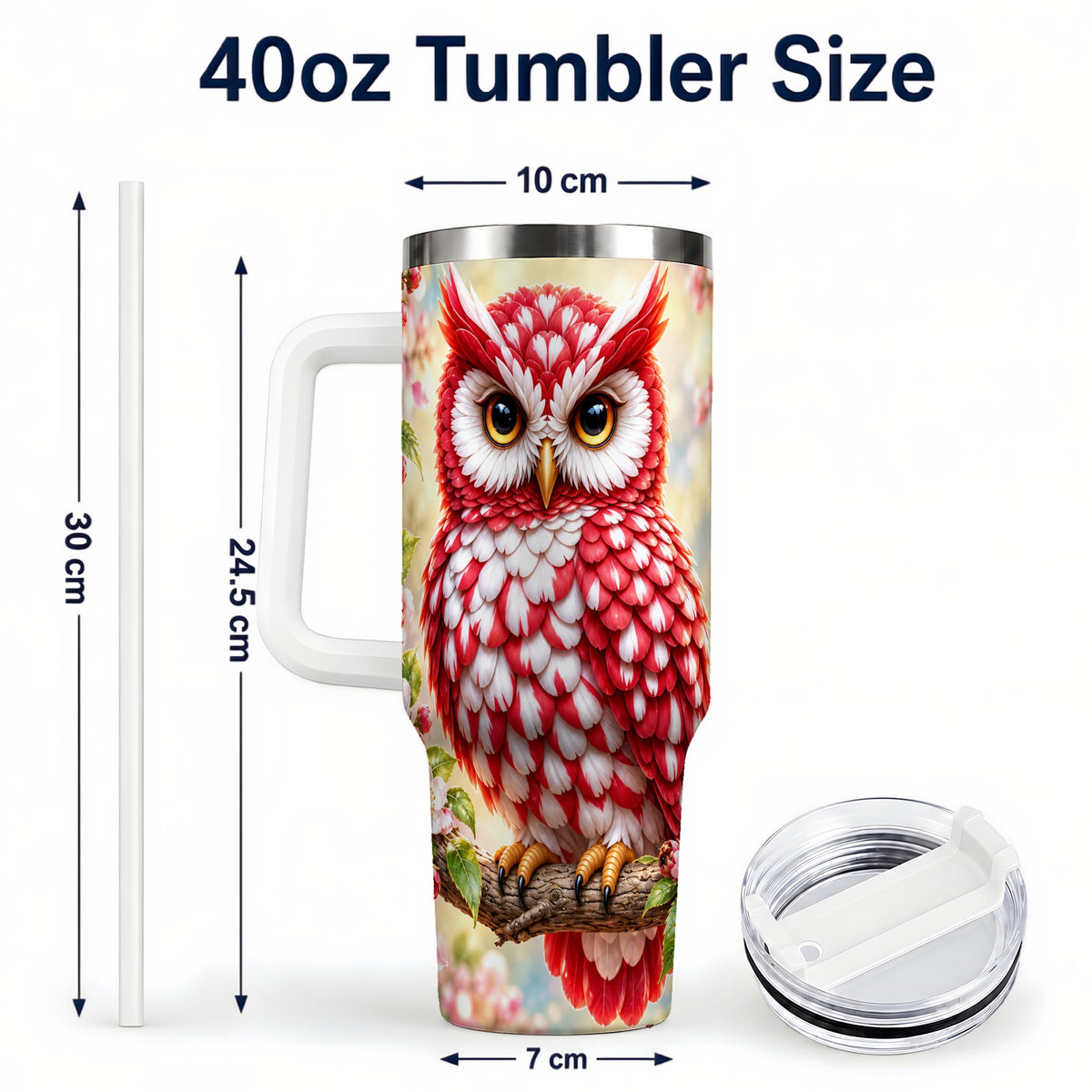 #pl[40oz|White] Floral Owl 40oz Tumbler with Handle, Blossom Owl Stainless Steel Cup