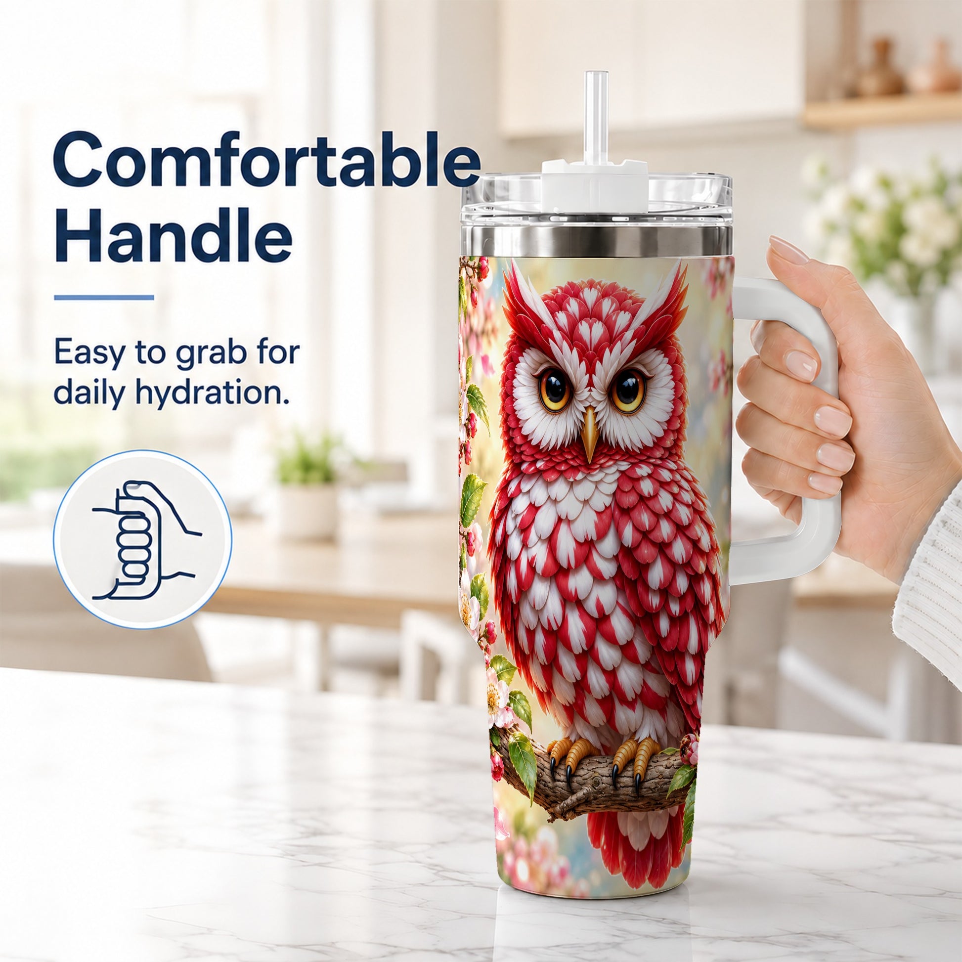 #pl[40oz|White] Floral Owl 40oz Tumbler with Handle, Blossom Owl Stainless Steel Cup