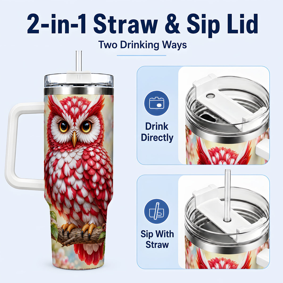 #pl[40oz|White] Floral Owl 40oz Tumbler with Handle, Blossom Owl Stainless Steel Cup