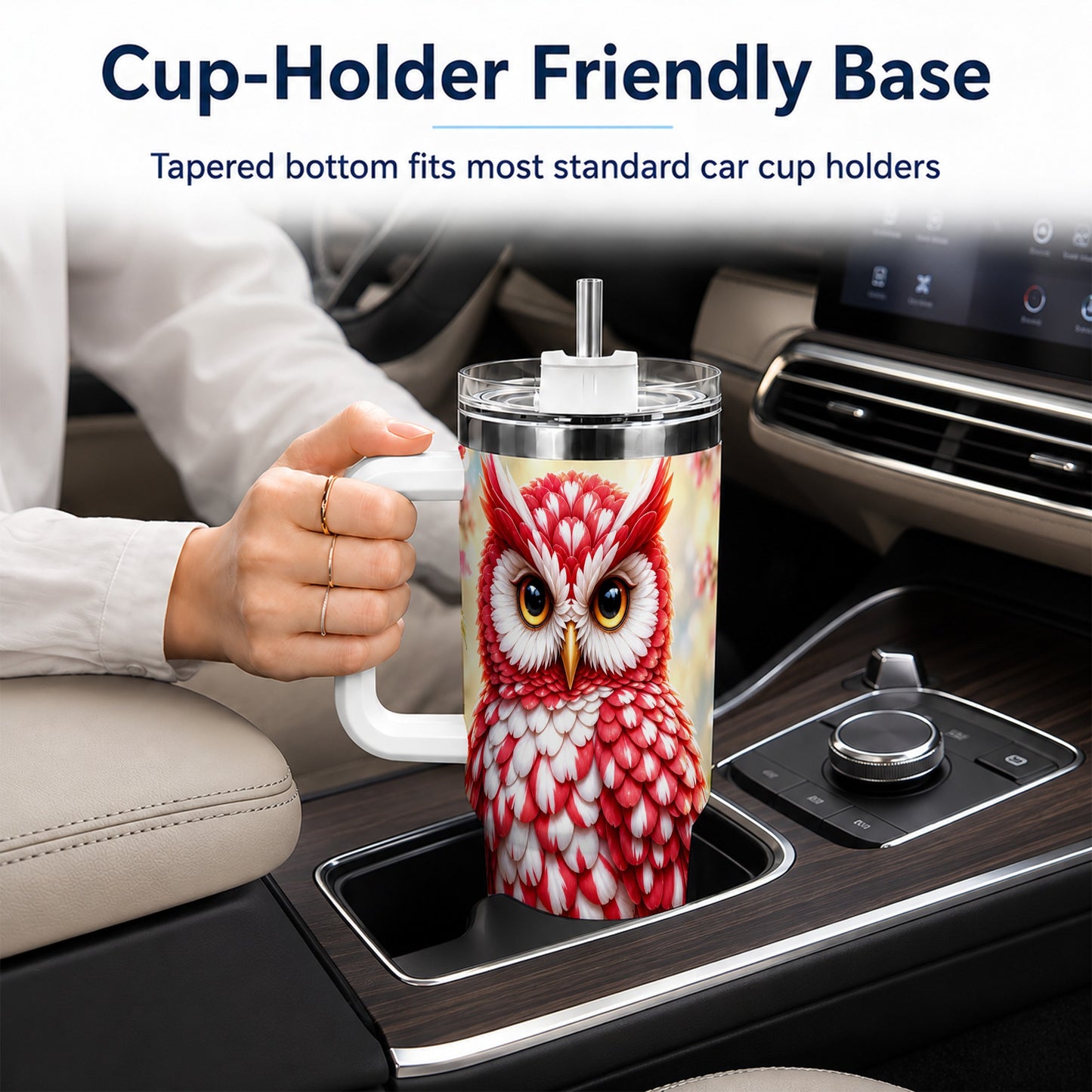 #pl[40oz|White] Floral Owl 40oz Tumbler with Handle, Blossom Owl Stainless Steel Cup