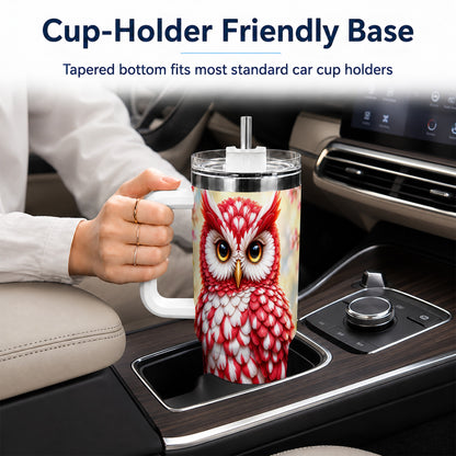 #pl[40oz|White] Floral Owl 40oz Tumbler with Handle, Blossom Owl Stainless Steel Cup