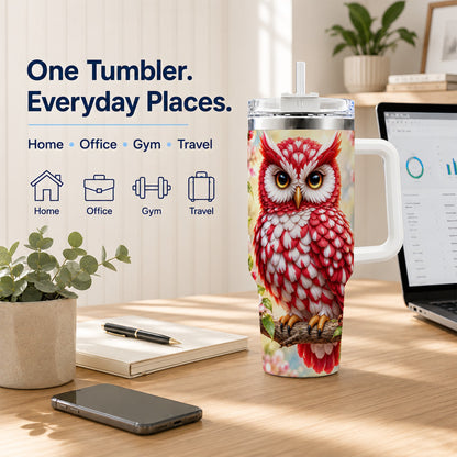 #pl[40oz|White] Floral Owl 40oz Tumbler with Handle, Blossom Owl Stainless Steel Cup