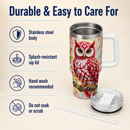 #pl[40oz|White] Floral Owl 40oz Tumbler with Handle, Blossom Owl Stainless Steel Cup