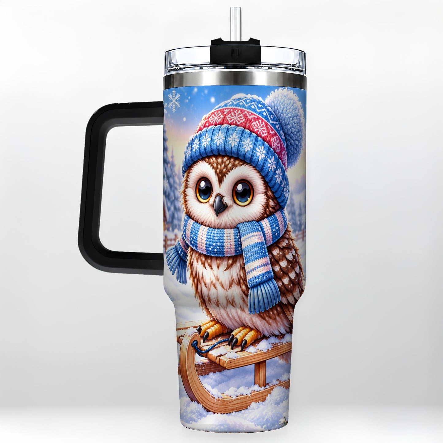 #pl[40oz|Black] Winter Owl 40oz Tumbler with Handle, Cozy Sled Stainless Steel Cup