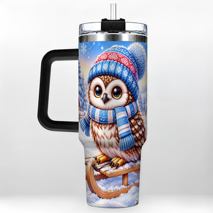 #pl[40oz|Black] Winter Owl 40oz Tumbler with Handle, Cozy Sled Stainless Steel Cup