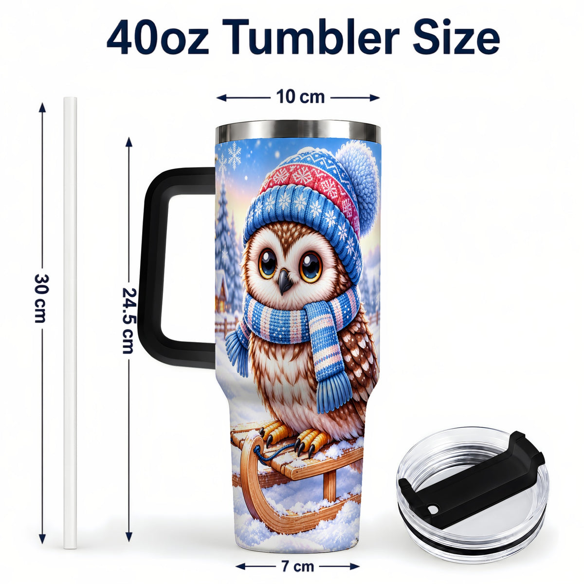 #pl[40oz|Black] Winter Owl 40oz Tumbler with Handle, Cozy Sled Stainless Steel Cup