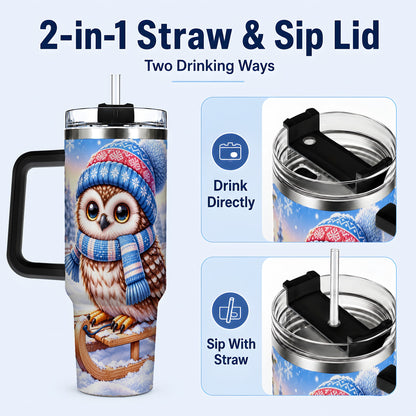#pl[40oz|Black] Winter Owl 40oz Tumbler with Handle, Cozy Sled Stainless Steel Cup