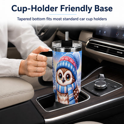 #pl[40oz|Black] Winter Owl 40oz Tumbler with Handle, Cozy Sled Stainless Steel Cup
