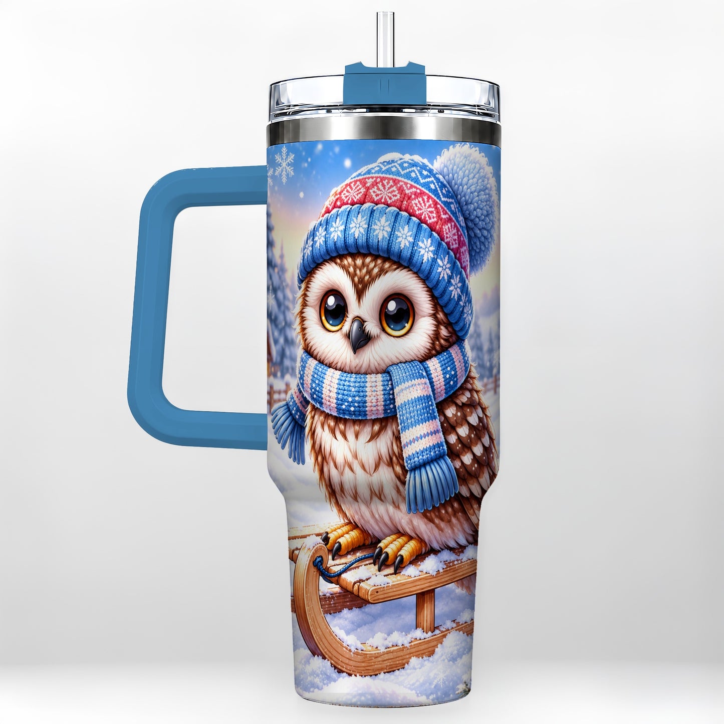#pl[40oz|Blue] Winter Owl 40oz Tumbler with Handle, Cozy Sled Stainless Steel Cup
