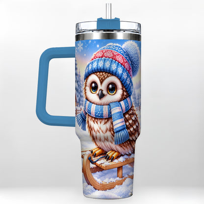#pl[40oz|Blue] Winter Owl 40oz Tumbler with Handle, Cozy Sled Stainless Steel Cup