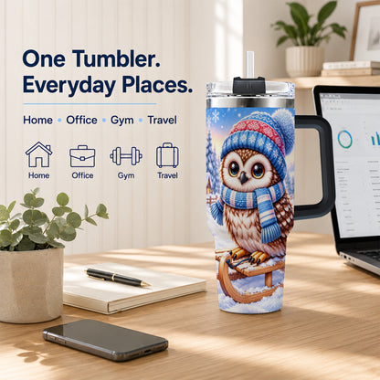 #pl[40oz|Black] Winter Owl 40oz Tumbler with Handle, Cozy Sled Stainless Steel Cup