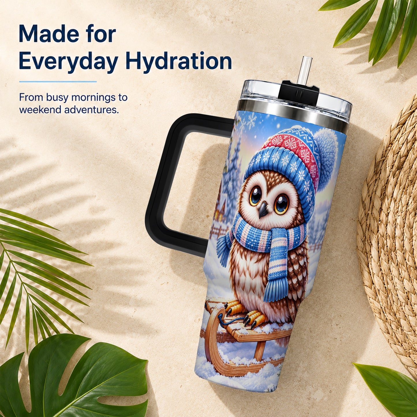 #pl[40oz|Black] Winter Owl 40oz Tumbler with Handle, Cozy Sled Stainless Steel Cup