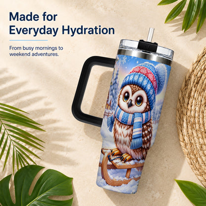 #pl[40oz|Black] Winter Owl 40oz Tumbler with Handle, Cozy Sled Stainless Steel Cup